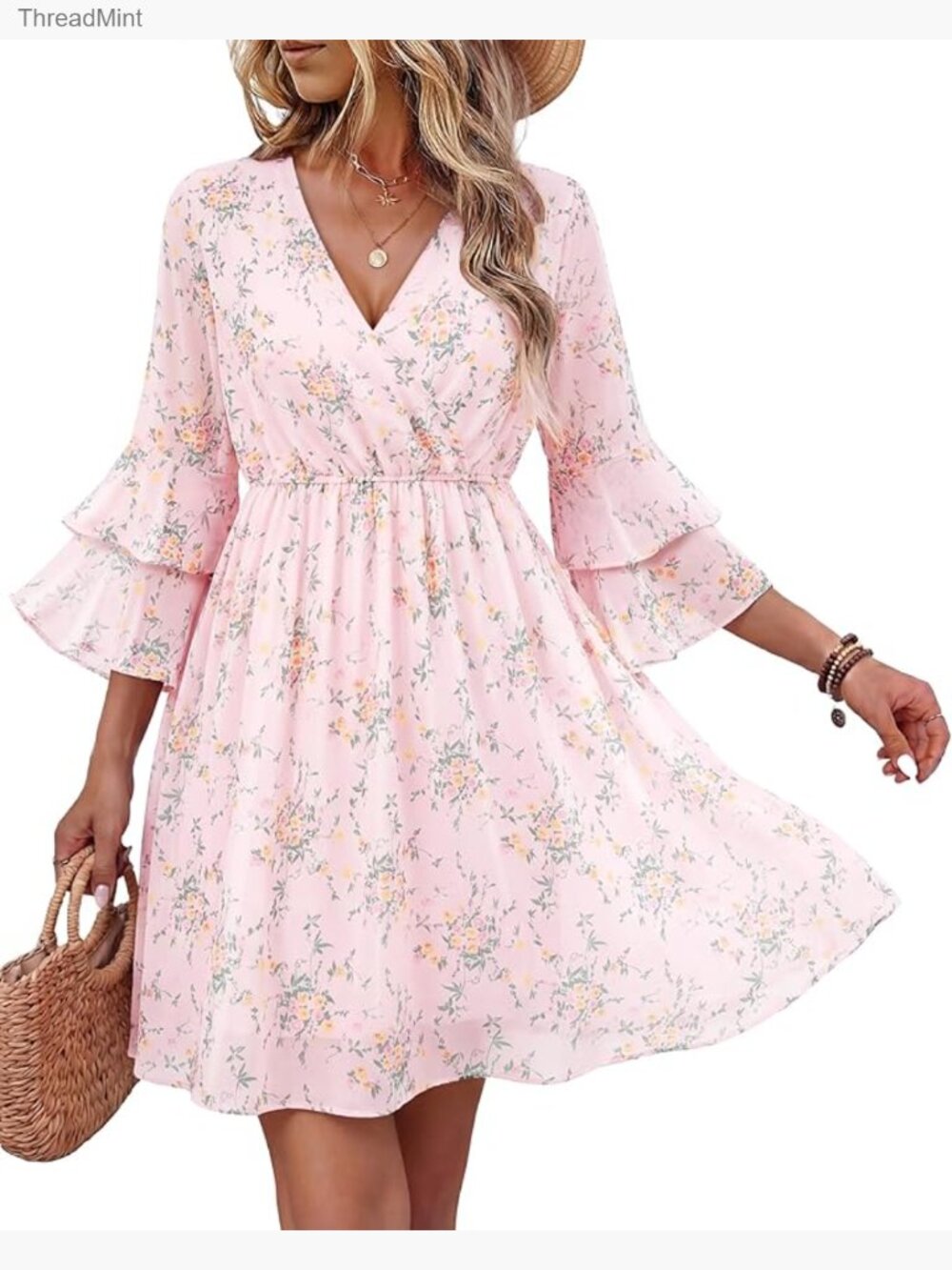 Women's Maxi Dress with 3/4 Ruffle Sleeves, V-Neck, Flowy Chiffon Layers